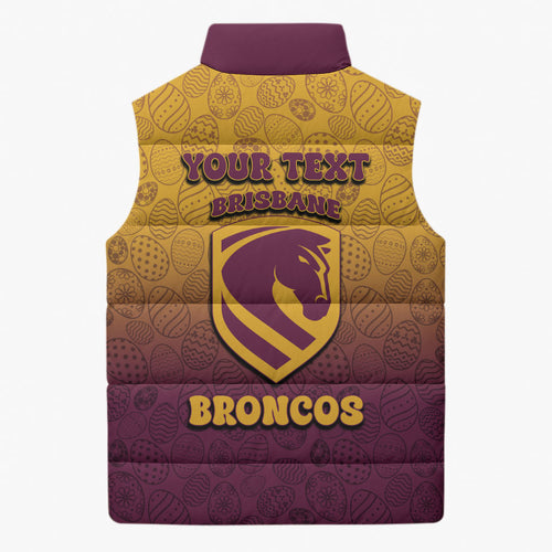 Personalized Brisbane Broncos Sleeveless Puffer Jacket Easter Mascot - Colorful Eggs Cartoon Style