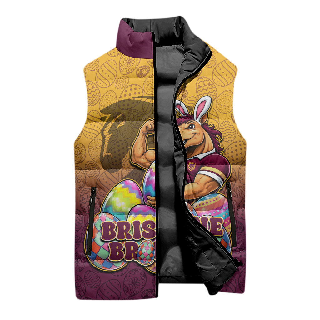 Personalized Brisbane Broncos Sleeveless Puffer Jacket Easter Mascot - Colorful Eggs Cartoon Style