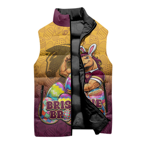 Personalized Brisbane Broncos Sleeveless Puffer Jacket Easter Mascot - Colorful Eggs Cartoon Style