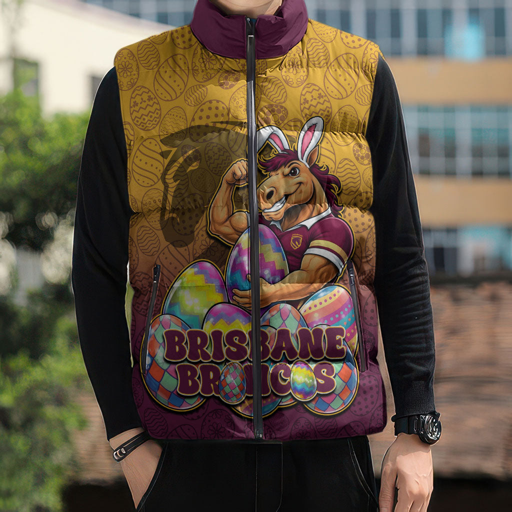 Personalized Brisbane Broncos Sleeveless Puffer Jacket Easter Mascot - Colorful Eggs Cartoon Style