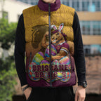 Personalized Brisbane Broncos Sleeveless Puffer Jacket Easter Mascot - Colorful Eggs Cartoon Style