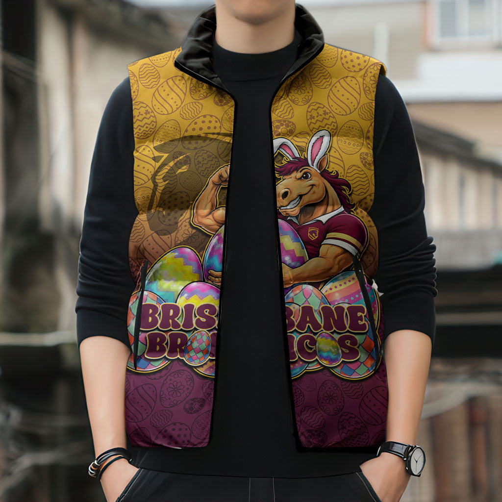 Personalized Brisbane Broncos Sleeveless Puffer Jacket Easter Mascot - Colorful Eggs Cartoon Style