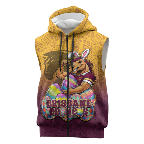 Personalized Brisbane Broncos Sleeveless Zip Hoodie Easter Mascot - Colorful Eggs Cartoon Style