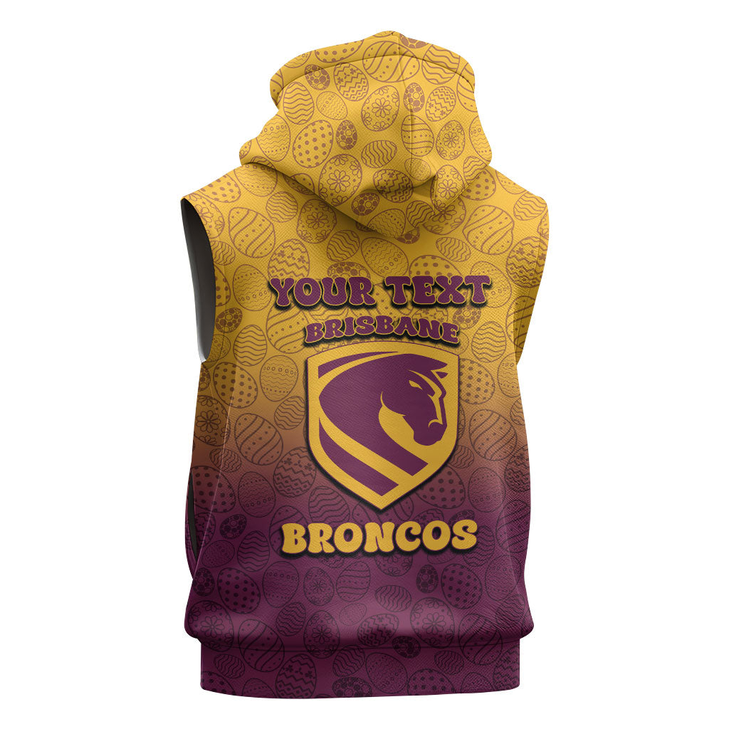 Personalized Brisbane Broncos Sleeveless Zip Hoodie Easter Mascot - Colorful Eggs Cartoon Style