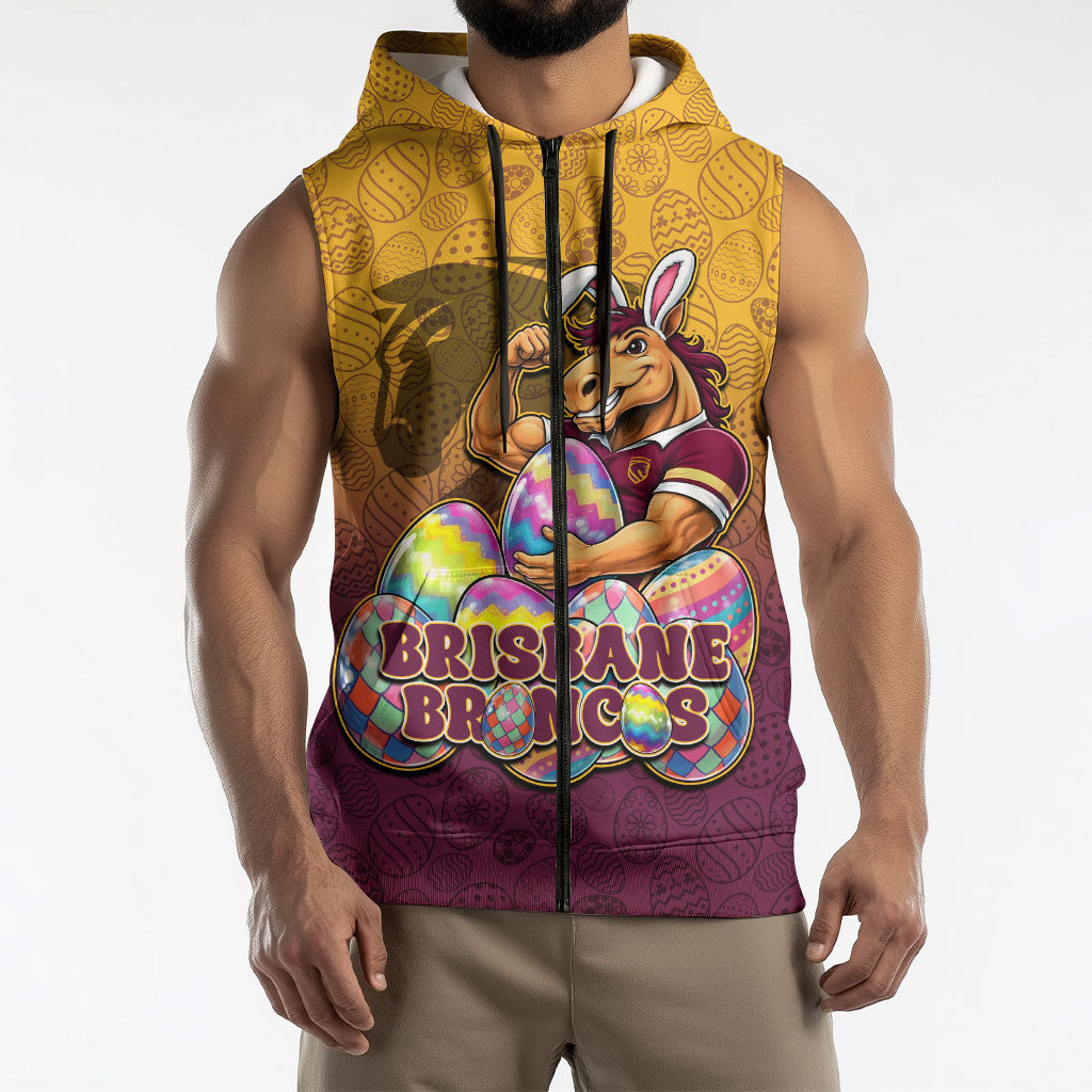 Personalized Brisbane Broncos Sleeveless Zip Hoodie Easter Mascot - Colorful Eggs Cartoon Style