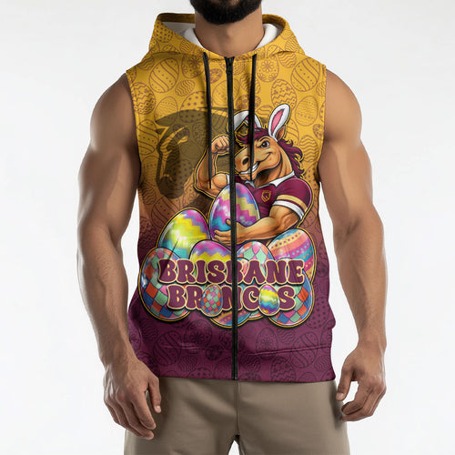Personalized Brisbane Broncos Sleeveless Zip Hoodie Easter Mascot - Colorful Eggs Cartoon Style