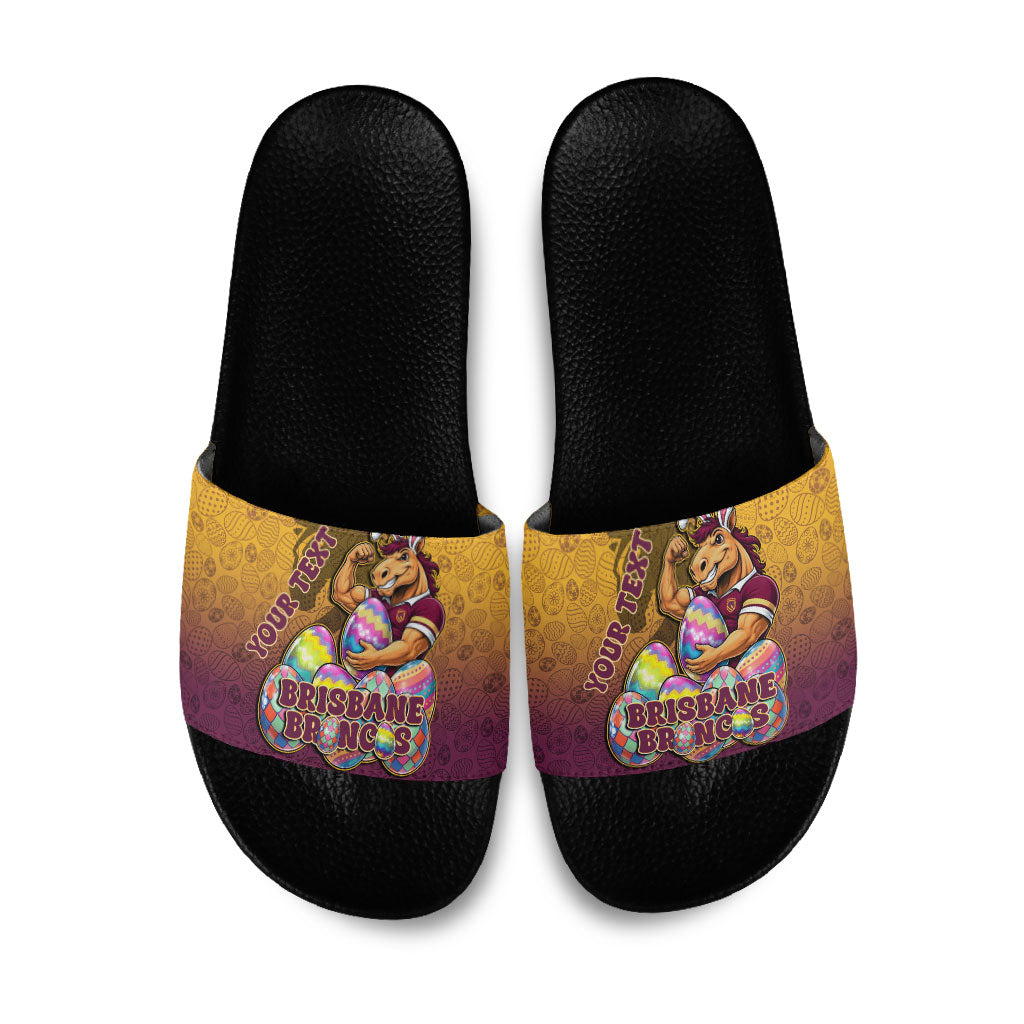 Personalized Brisbane Broncos Slide Sandals Easter Mascot - Colorful Eggs Cartoon Style