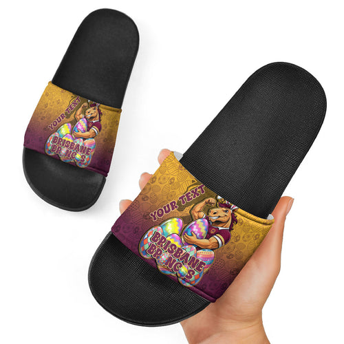 Personalized Brisbane Broncos Slide Sandals Easter Mascot - Colorful Eggs Cartoon Style
