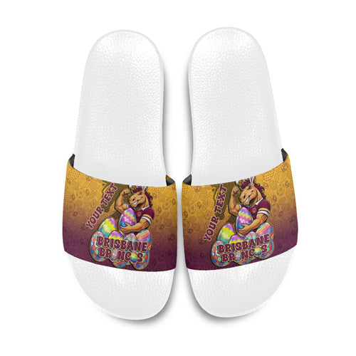 Personalized Brisbane Broncos Slide Sandals Easter Mascot - Colorful Eggs Cartoon Style