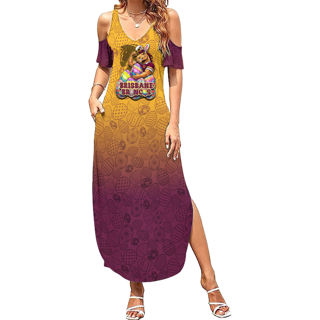 Personalized Brisbane Broncos Summer Maxi Dress Easter Mascot - Colorful Eggs Cartoon Style