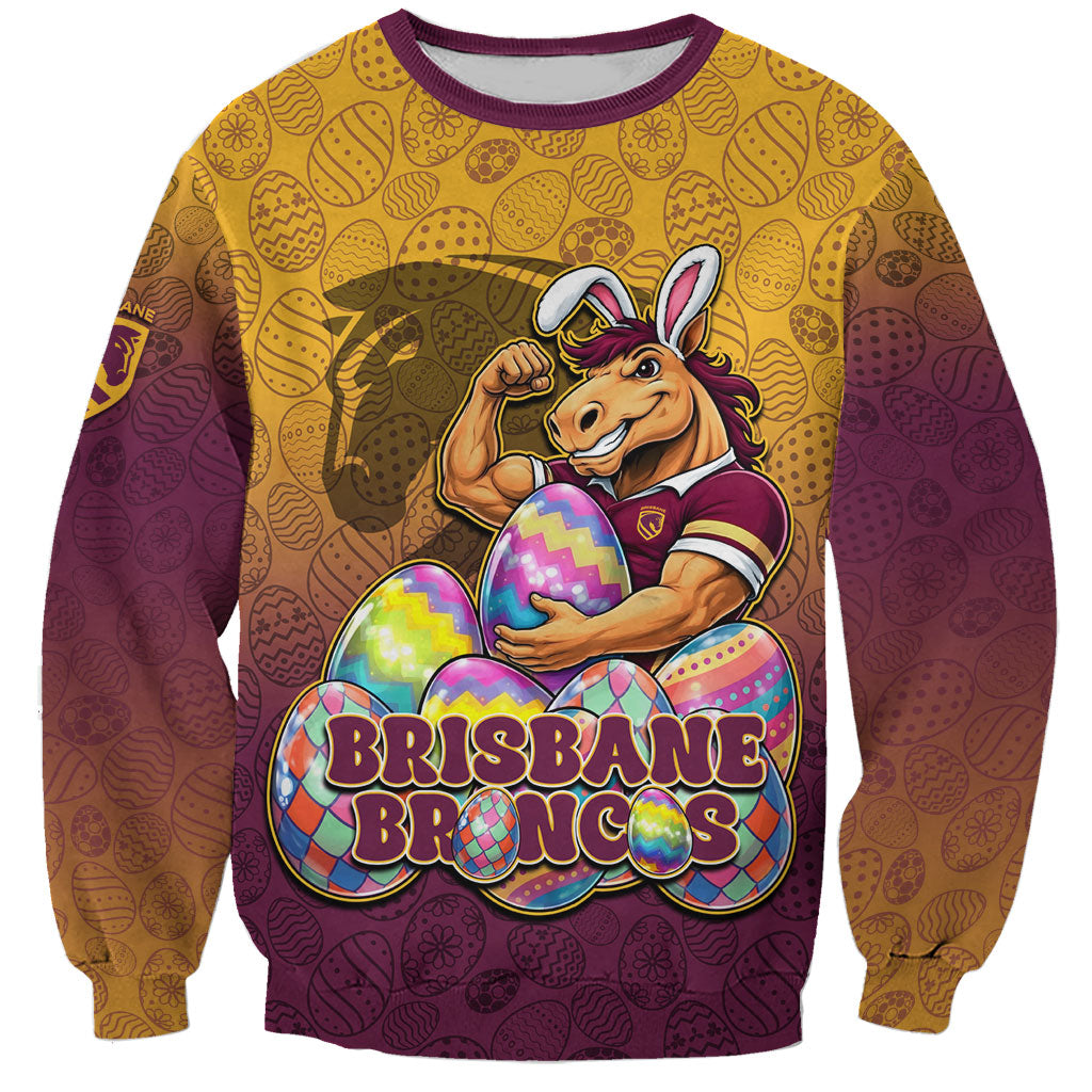 Personalized Brisbane Broncos Sweatshirt Easter Mascot - Colorful Eggs Cartoon Style