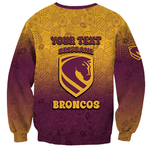 Personalized Brisbane Broncos Sweatshirt Easter Mascot - Colorful Eggs Cartoon Style