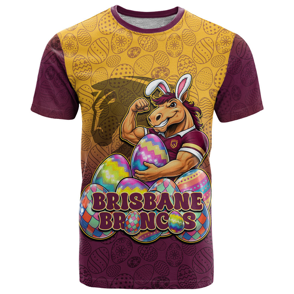 Personalized Brisbane Broncos T Shirt Easter Mascot - Colorful Eggs Cartoon Style