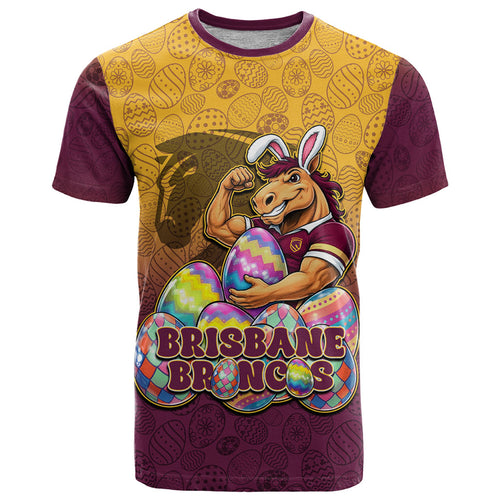 Personalized Brisbane Broncos T Shirt Easter Mascot - Colorful Eggs Cartoon Style
