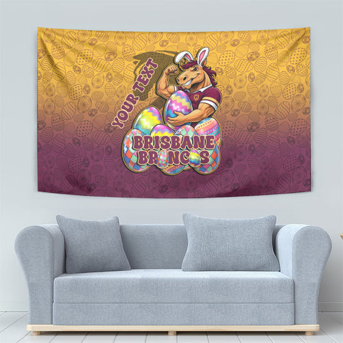 Personalized Brisbane Broncos Tapestry Easter Mascot - Colorful Eggs Cartoon Style