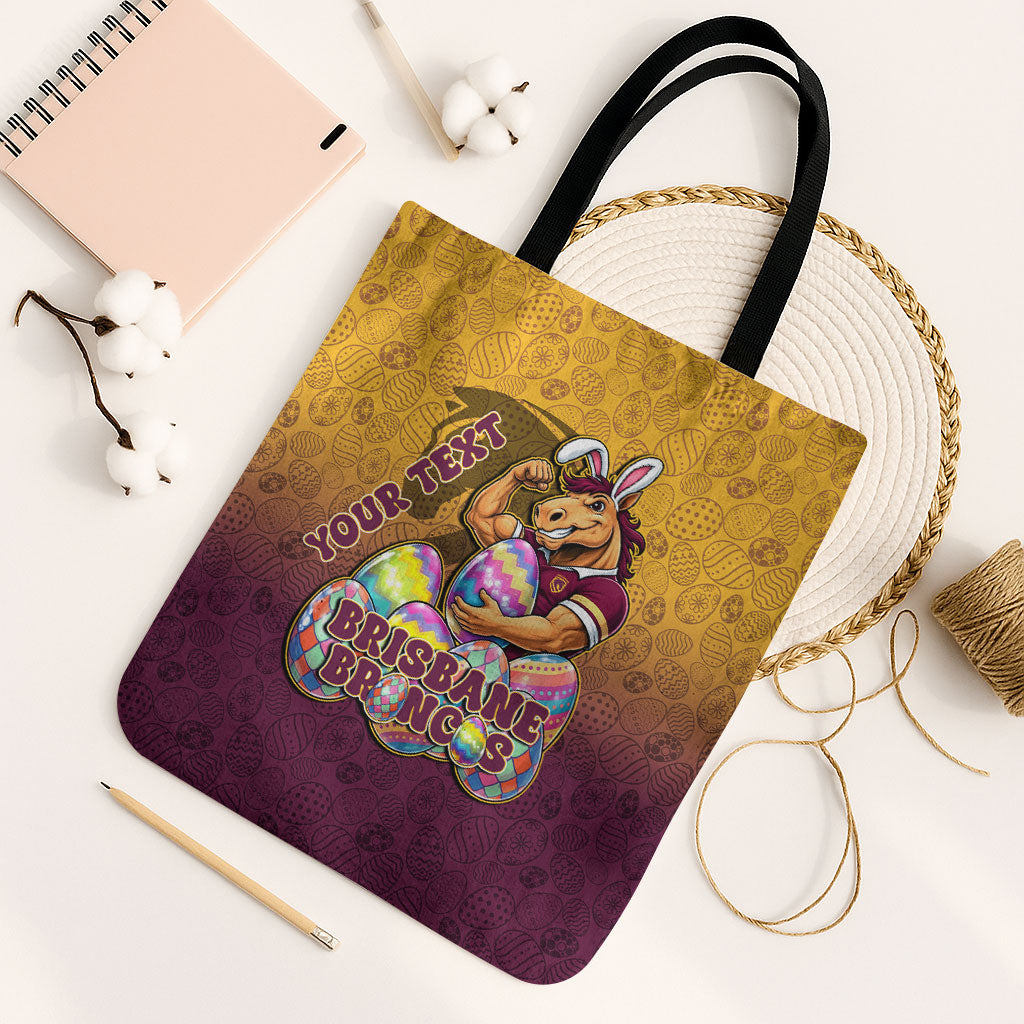 Personalized Brisbane Broncos Tote Bag Easter Mascot - Colorful Eggs Cartoon Style