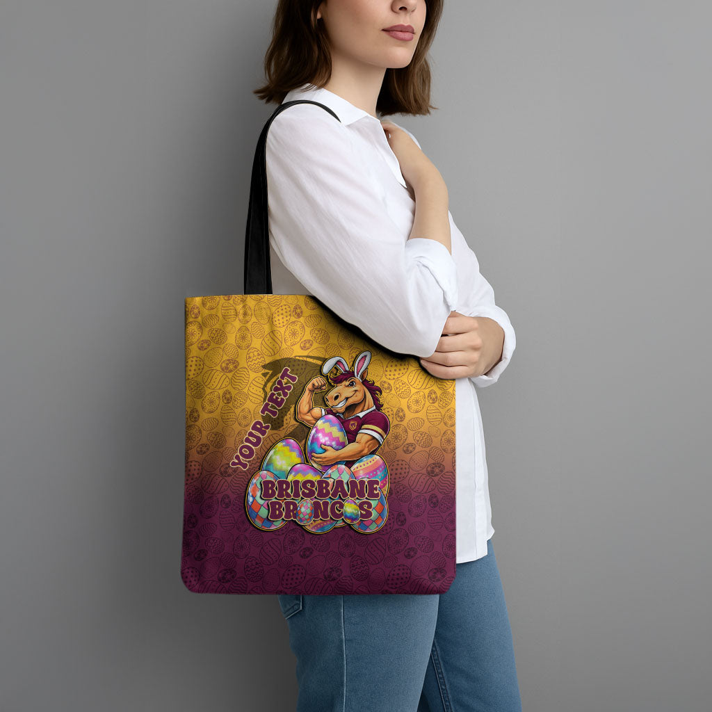 Personalized Brisbane Broncos Tote Bag Easter Mascot - Colorful Eggs Cartoon Style