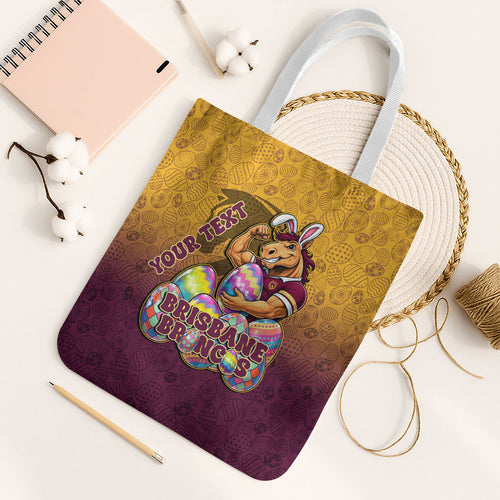 Personalized Brisbane Broncos Tote Bag Easter Mascot - Colorful Eggs Cartoon Style
