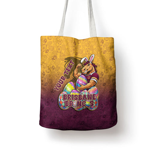 Personalized Brisbane Broncos Tote Bag Easter Mascot - Colorful Eggs Cartoon Style