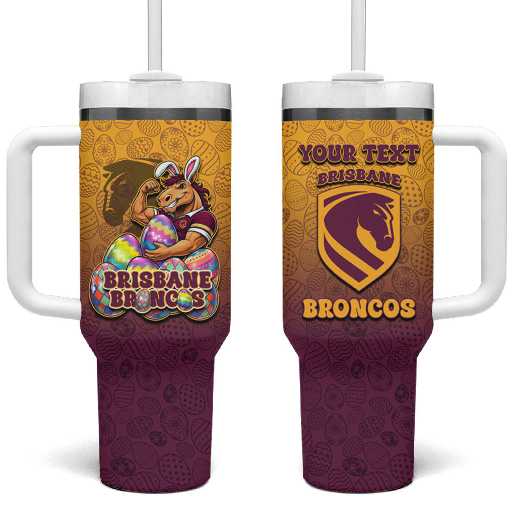 Personalized Brisbane Broncos Tumbler With Handle Easter Mascot - Colorful Eggs Cartoon Style