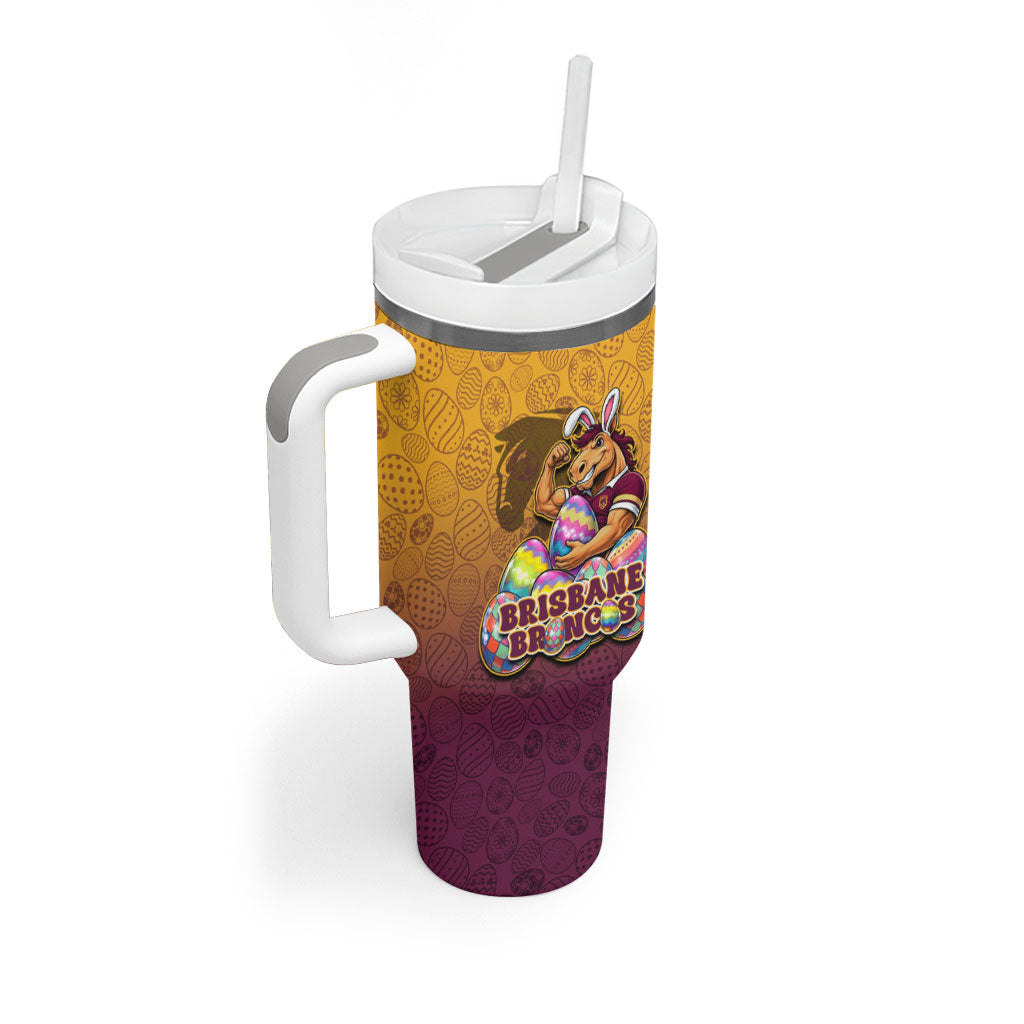 Personalized Brisbane Broncos Tumbler With Handle Easter Mascot - Colorful Eggs Cartoon Style