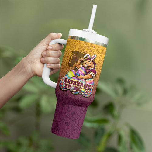 Personalized Brisbane Broncos Tumbler With Handle Easter Mascot - Colorful Eggs Cartoon Style