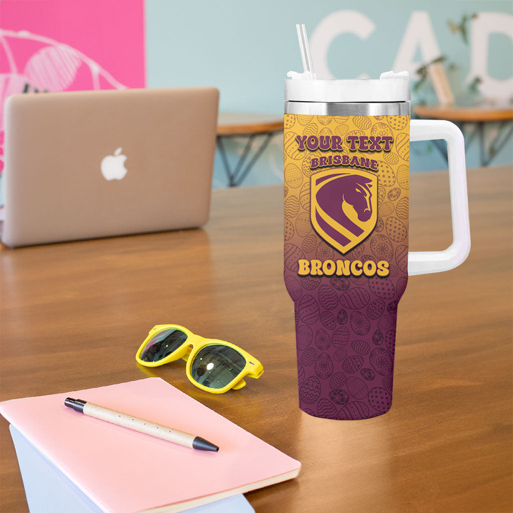 Personalized Brisbane Broncos Tumbler With Handle Easter Mascot - Colorful Eggs Cartoon Style