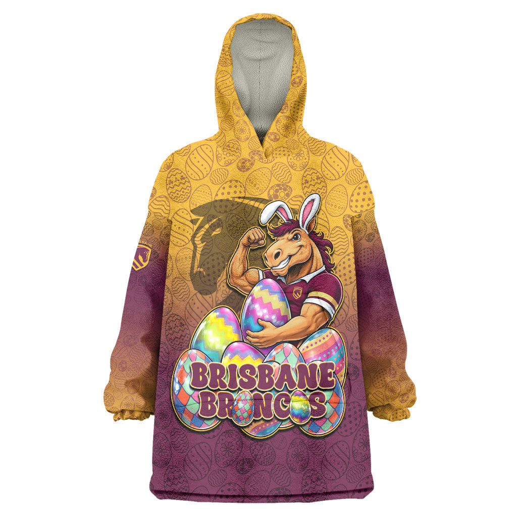 Personalized Brisbane Broncos Wearable Blanket Hoodie Easter Mascot - Colorful Eggs Cartoon Style