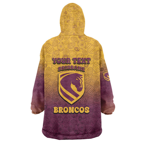 Personalized Brisbane Broncos Wearable Blanket Hoodie Easter Mascot - Colorful Eggs Cartoon Style