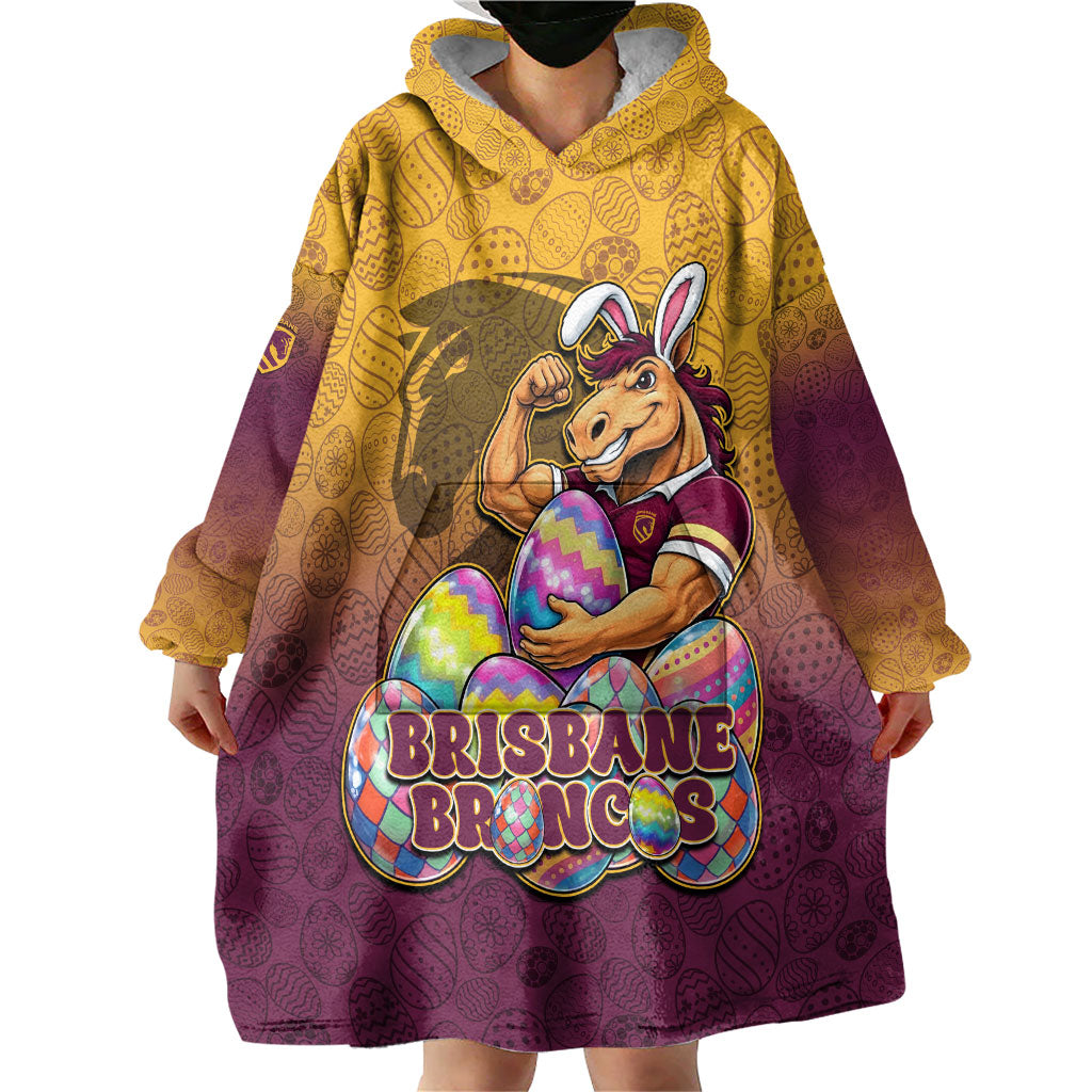 Personalized Brisbane Broncos Wearable Blanket Hoodie Easter Mascot - Colorful Eggs Cartoon Style