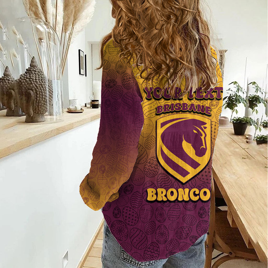 Personalized Brisbane Broncos Women Casual Shirt Easter Mascot - Colorful Eggs Cartoon Style