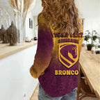 Personalized Brisbane Broncos Women Casual Shirt Easter Mascot - Colorful Eggs Cartoon Style