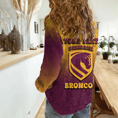 Personalized Brisbane Broncos Women Casual Shirt Easter Mascot - Colorful Eggs Cartoon Style