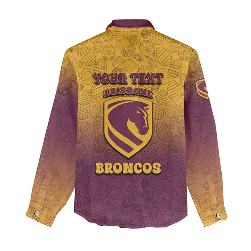 Personalized Brisbane Broncos Women Casual Shirt Easter Mascot - Colorful Eggs Cartoon Style