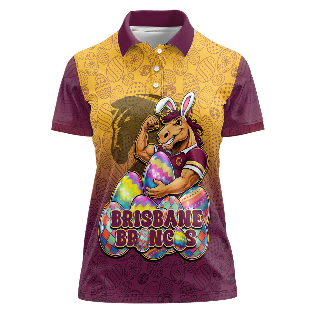 Personalized Brisbane Broncos Women Polo Shirt Easter Mascot - Colorful Eggs Cartoon Style