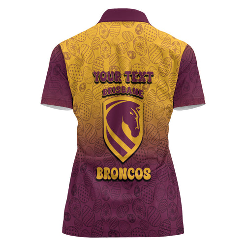 Personalized Brisbane Broncos Women Polo Shirt Easter Mascot - Colorful Eggs Cartoon Style