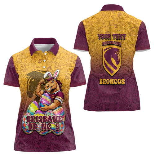 Personalized Brisbane Broncos Women Polo Shirt Easter Mascot - Colorful Eggs Cartoon Style