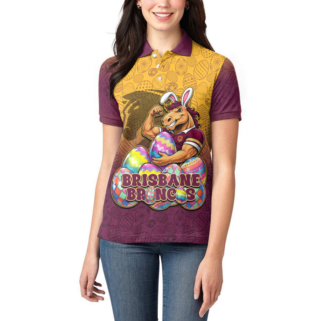 Personalized Brisbane Broncos Women Polo Shirt Easter Mascot - Colorful Eggs Cartoon Style