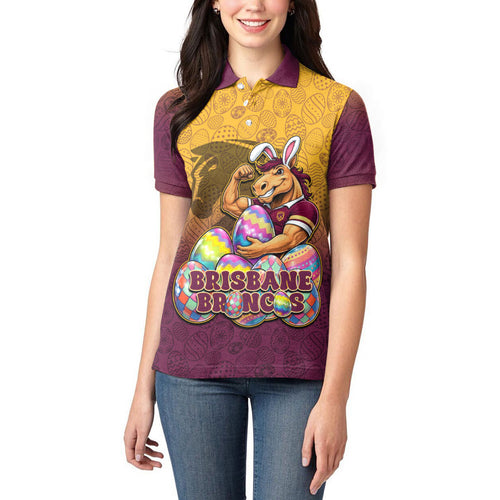 Personalized Brisbane Broncos Women Polo Shirt Easter Mascot - Colorful Eggs Cartoon Style
