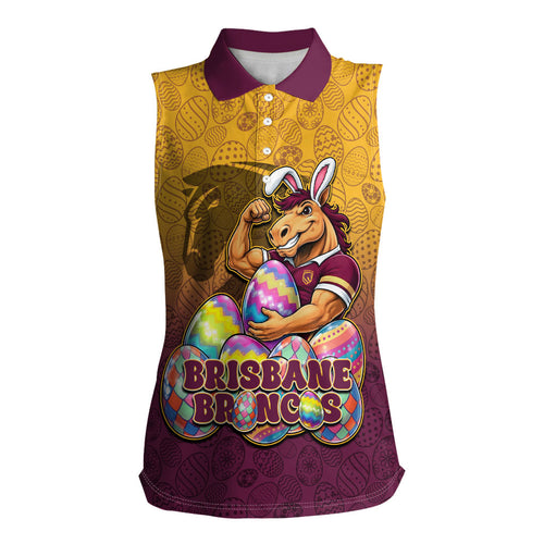 Personalized Brisbane Broncos Women Sleeveless Polo Shirt Easter Mascot - Colorful Eggs Cartoon Style