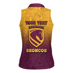 Personalized Brisbane Broncos Women Sleeveless Polo Shirt Easter Mascot - Colorful Eggs Cartoon Style