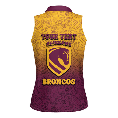 Personalized Brisbane Broncos Women Sleeveless Polo Shirt Easter Mascot - Colorful Eggs Cartoon Style