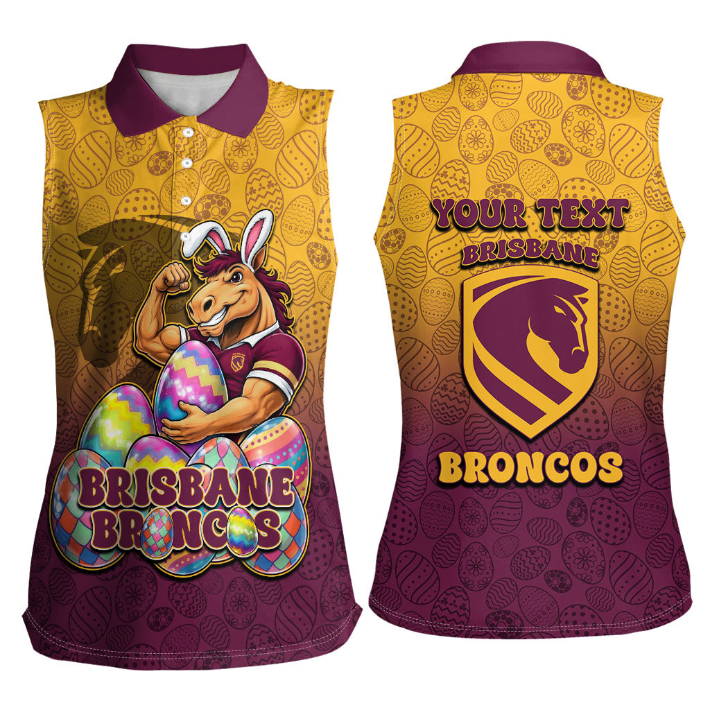 Personalized Brisbane Broncos Women Sleeveless Polo Shirt Easter Mascot - Colorful Eggs Cartoon Style