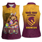 Personalized Brisbane Broncos Women Sleeveless Polo Shirt Easter Mascot - Colorful Eggs Cartoon Style