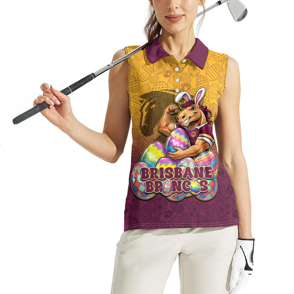 Personalized Brisbane Broncos Women Sleeveless Polo Shirt Easter Mascot - Colorful Eggs Cartoon Style