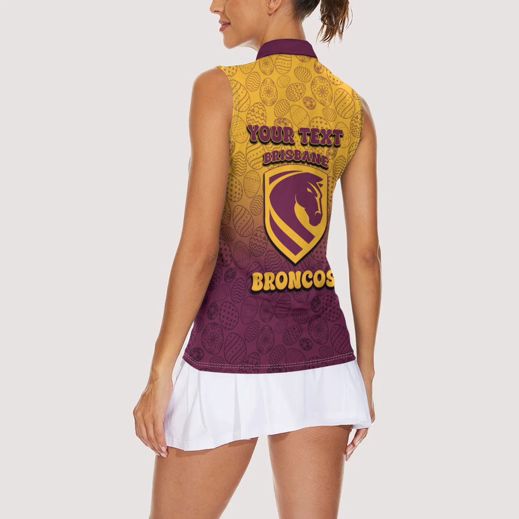 Personalized Brisbane Broncos Women Sleeveless Polo Shirt Easter Mascot - Colorful Eggs Cartoon Style