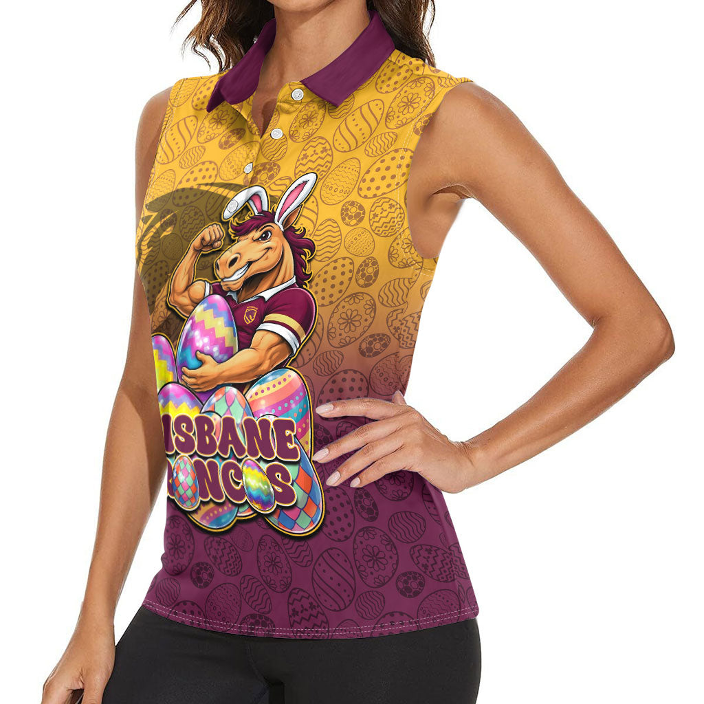 Personalized Brisbane Broncos Women Sleeveless Polo Shirt Easter Mascot - Colorful Eggs Cartoon Style