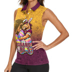 Personalized Brisbane Broncos Women Sleeveless Polo Shirt Easter Mascot - Colorful Eggs Cartoon Style