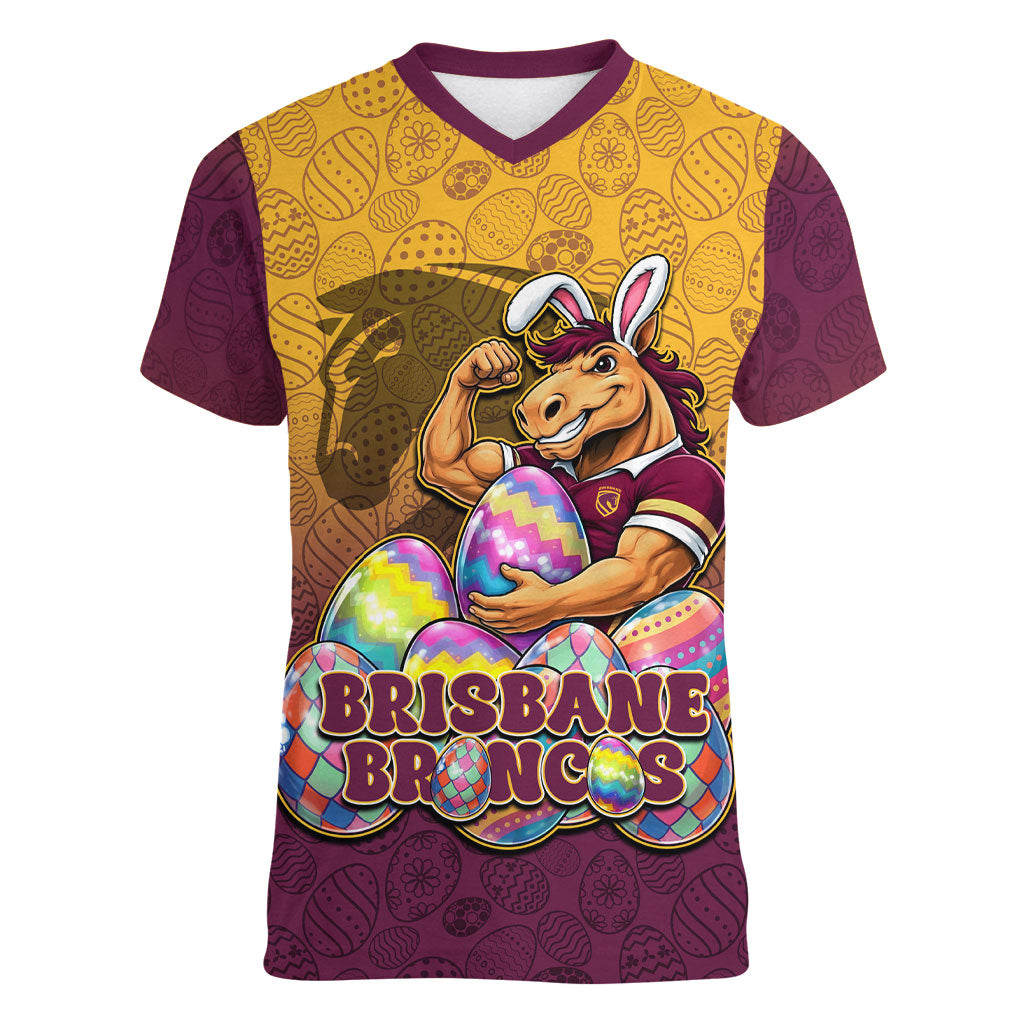 Personalized Brisbane Broncos Women V-Neck T-Shirt Easter Mascot - Colorful Eggs Cartoon Style