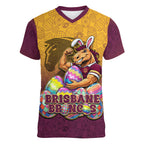 Personalized Brisbane Broncos Women V-Neck T-Shirt Easter Mascot - Colorful Eggs Cartoon Style